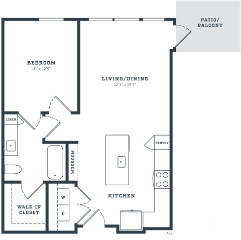 Floor plan for 1 bed, 1 bath, 730 sqft
